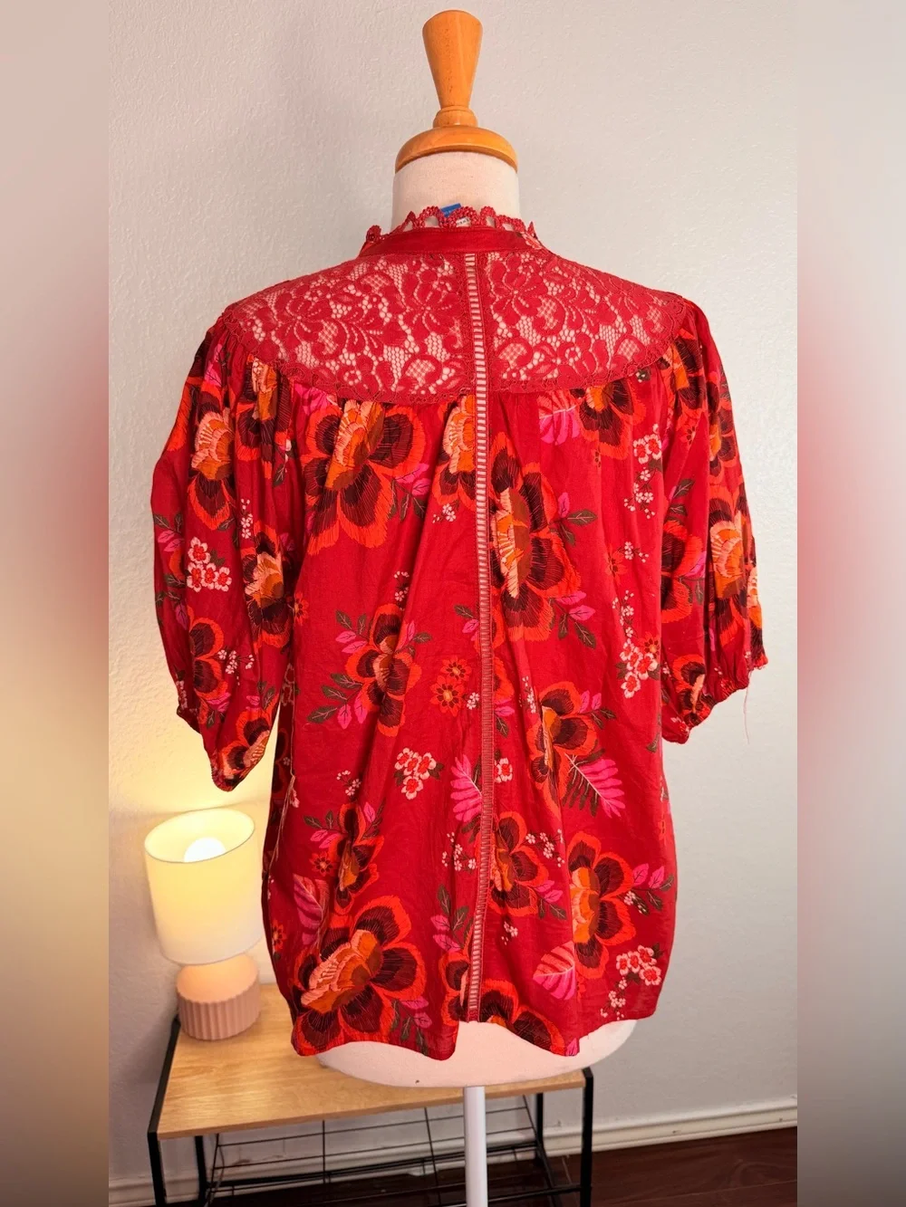 FARM RIO by Anthropologie Red Floral Puff-Sleeve Blouse